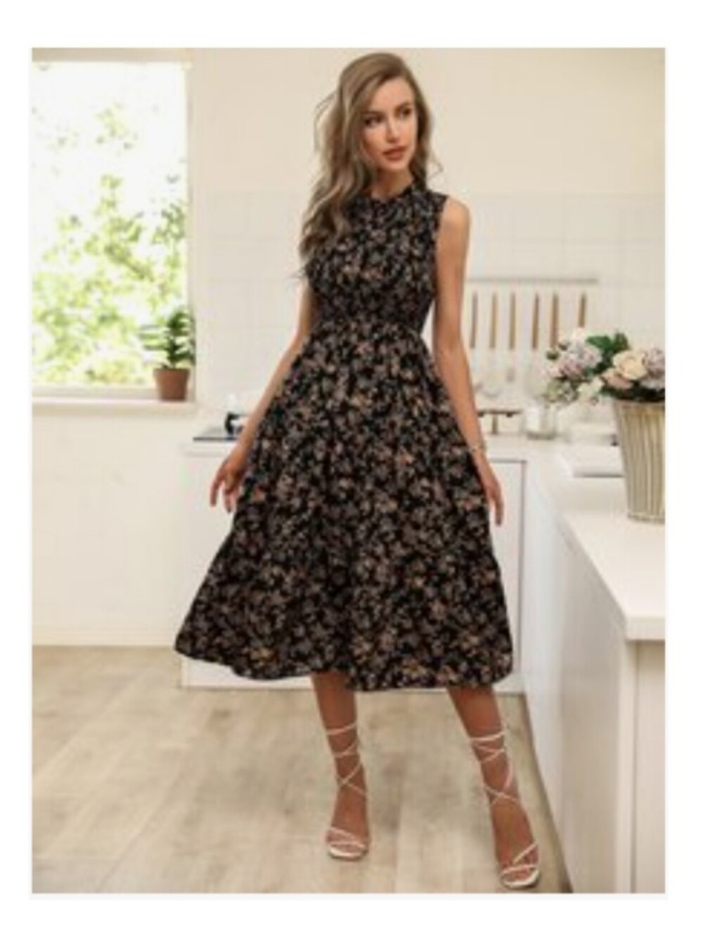 SHEIN Black Midi Dress with Pink Floral Print